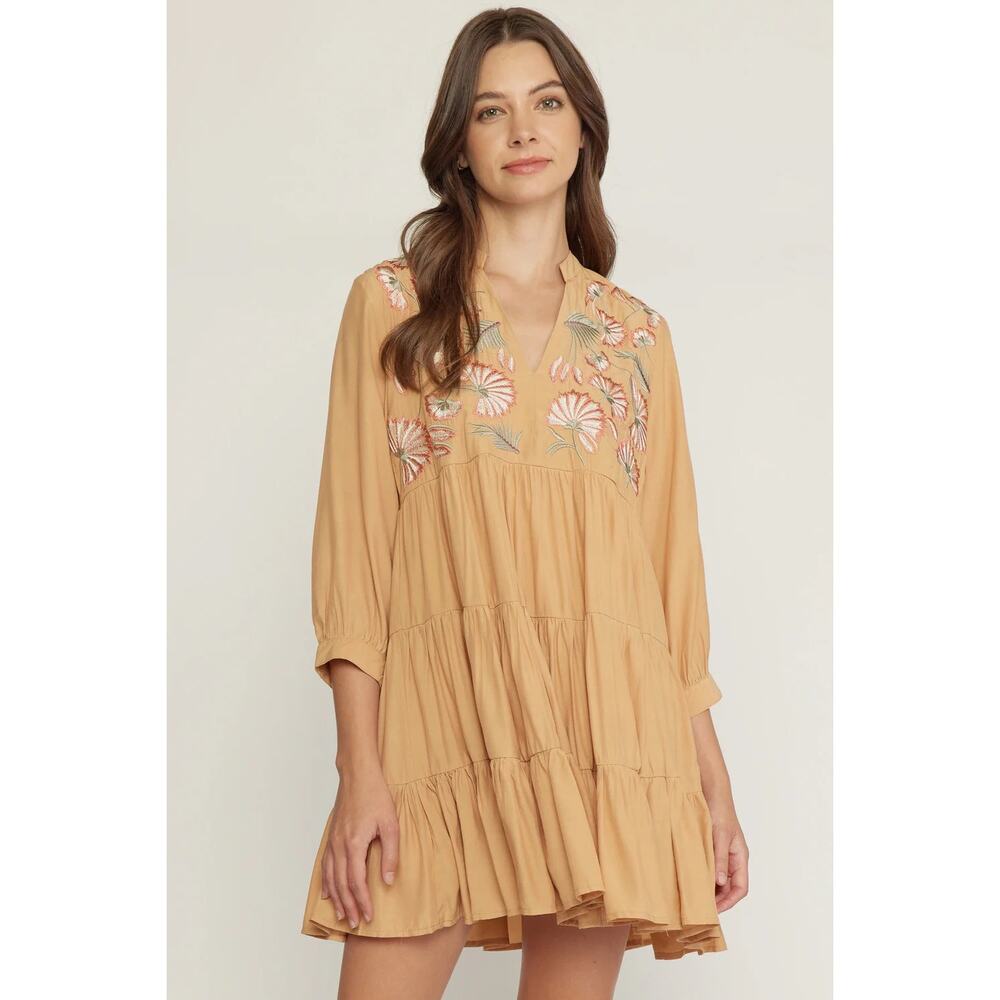 Entro Women’s Embroidered Tiered Babydoll Dress Long Sleeves Orange Size L